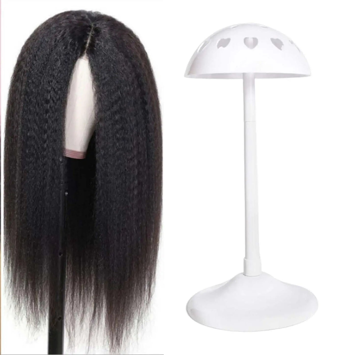 White Wig Display Stand with Adjustable Height holding a long black wig, designed for professional wig styling and drying.