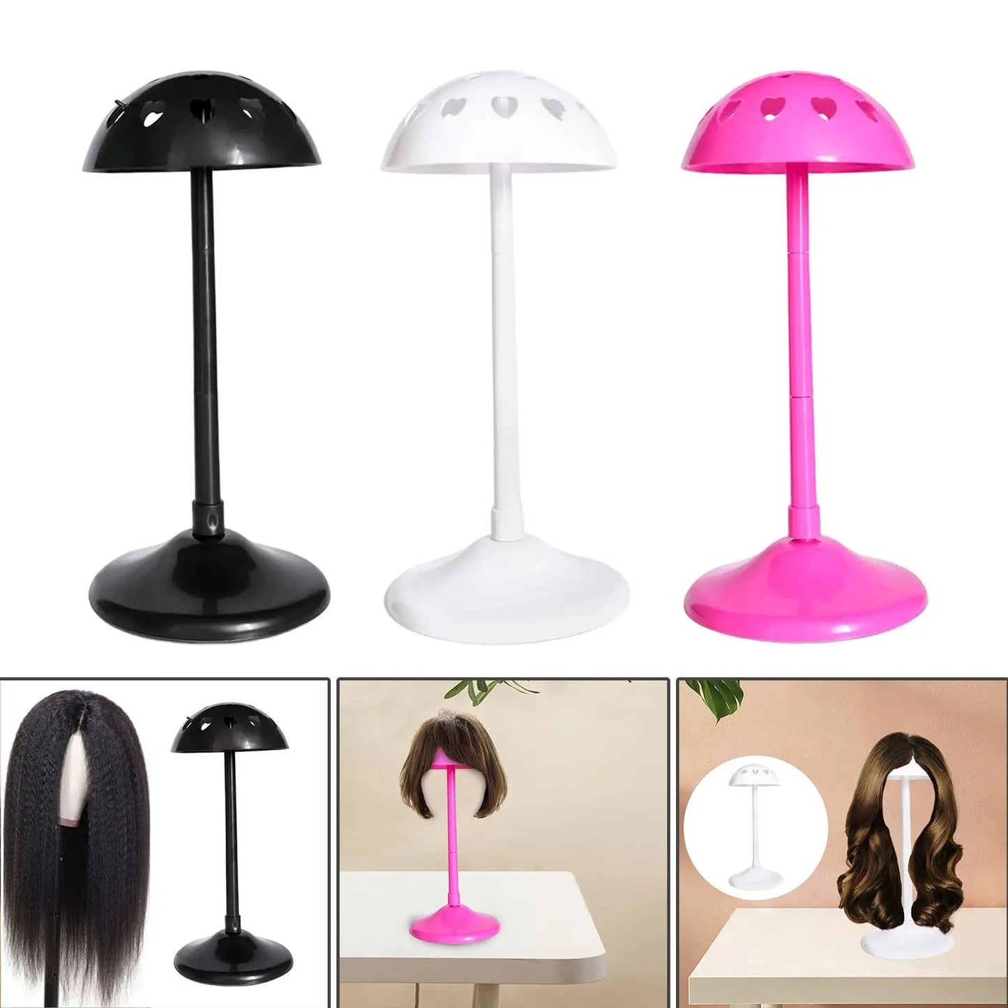 Wig Display Stand with Adjustable Height in black, white, and pink for styling and drying wigs, shown with various wig types.
