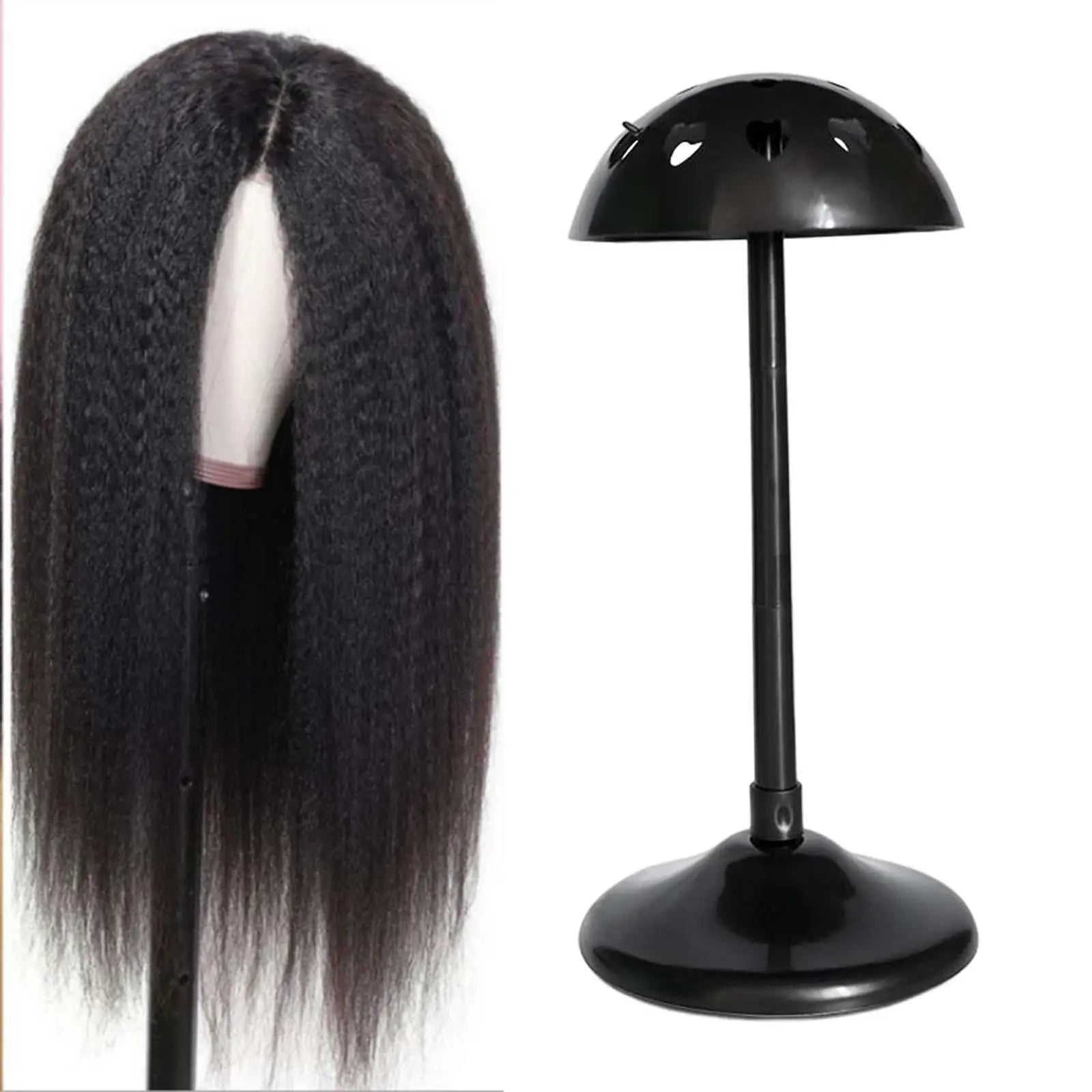 Black Adjustable Wig Display Stand holding a long black wig, perfect for styling and maintaining wig shape.