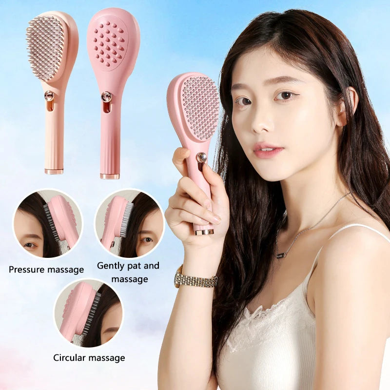 Massage Comb Self Clean Hair Brush with massage function shown in use by a woman, highlighting pressure, patting, and circular massage modes.