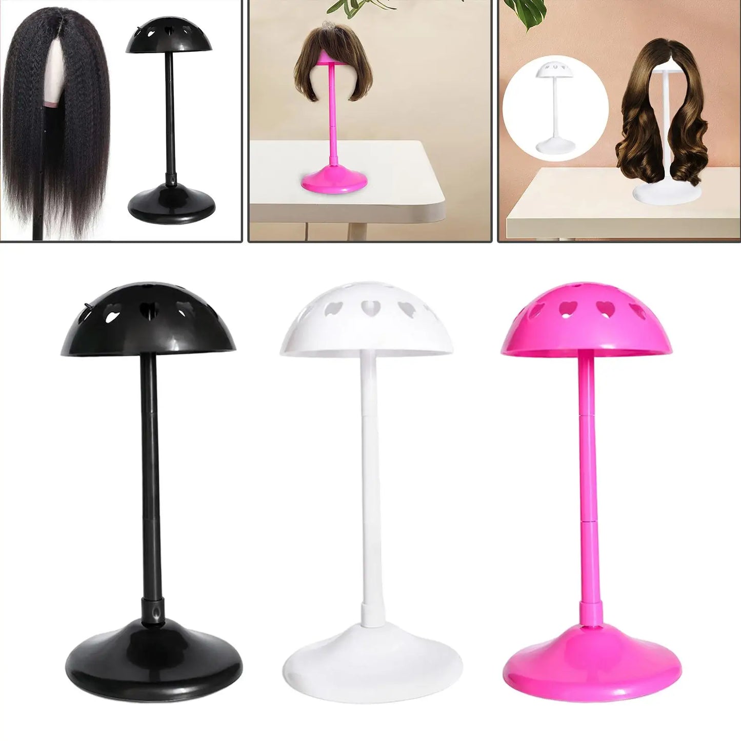 Adjustable Wig Display Stand in three colors with wigs, ideal for drying and styling wigs on a stable, ventilated base.
