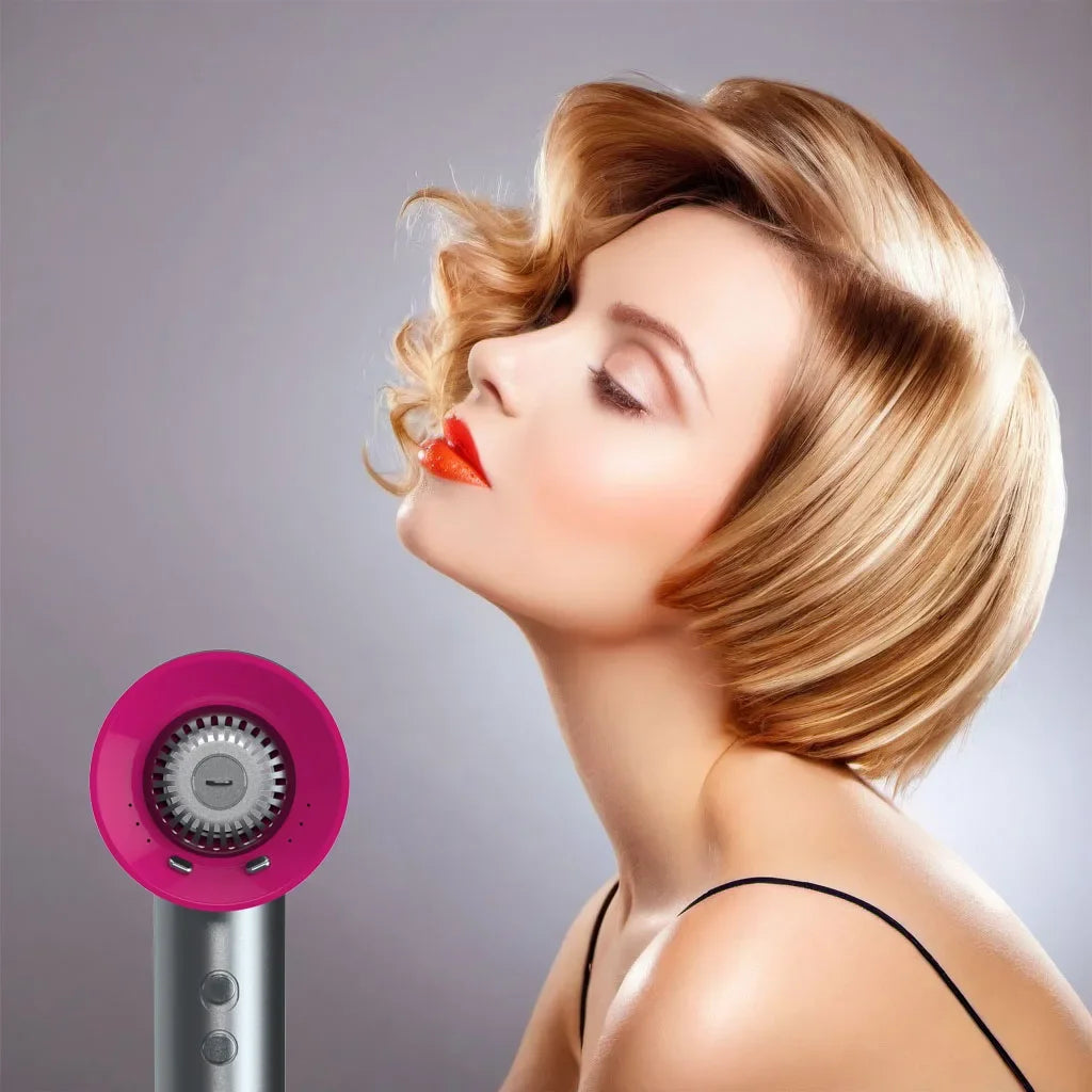 Woman with styled blonde hair next to Ion Fashion Hair Styler. Delivers frizz-free shine and fast drying with ionic technology.