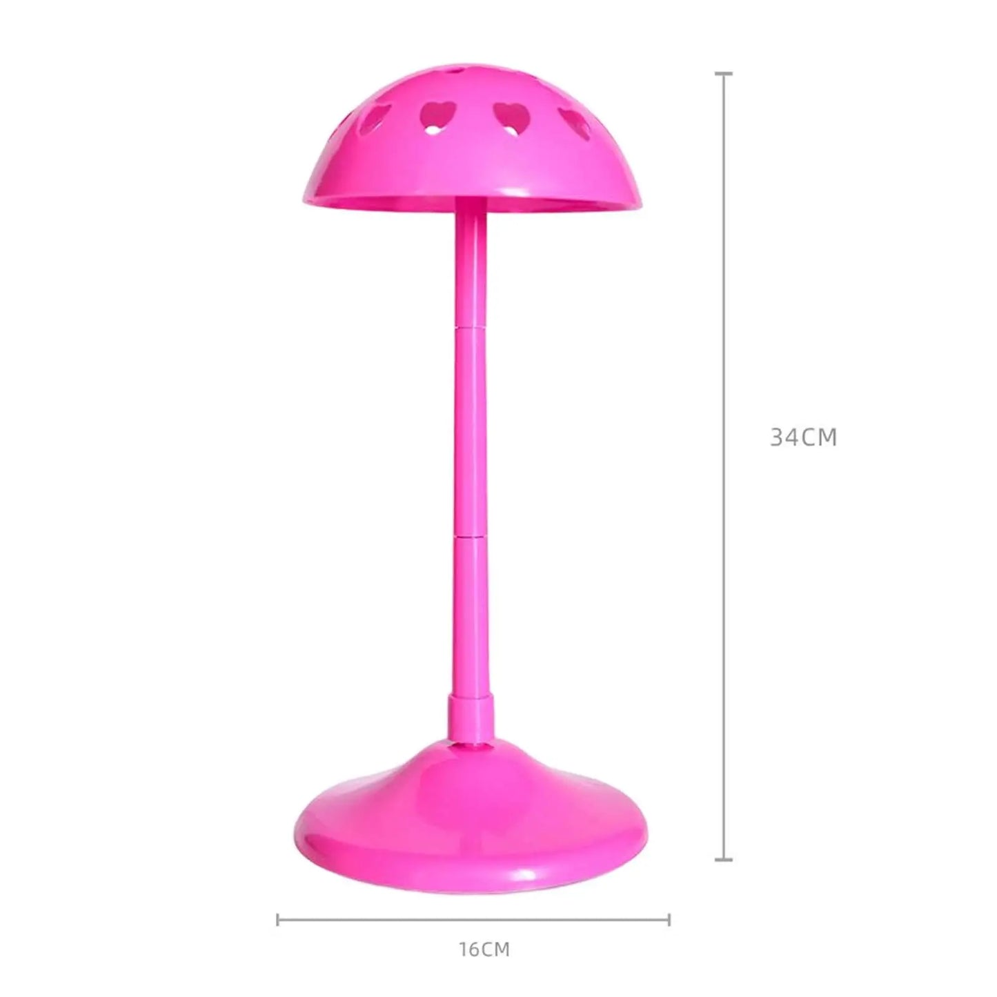 Pink Wig Display Stand with Adjustable Height, 34cm tall and 16cm wide, ideal for styling and drying wigs at home or salon.