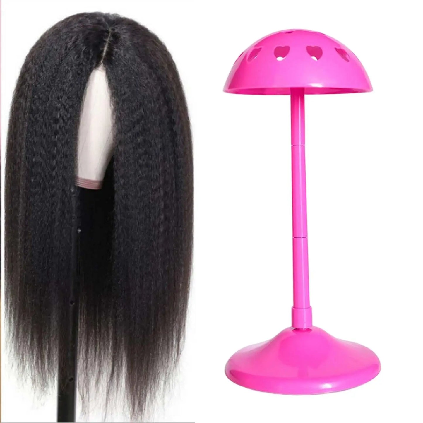 Pink Wig Display Stand with Adjustable Height supporting a long black wig, ideal for drying and showcasing wigs.