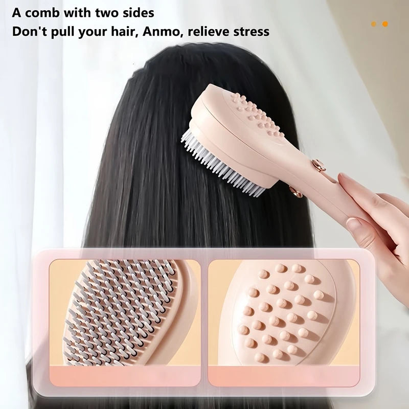 Dual-sided Massage Comb Self Clean Hair Brush used on long hair, showing soft bristles and massage tips for detangling and scalp relaxation.