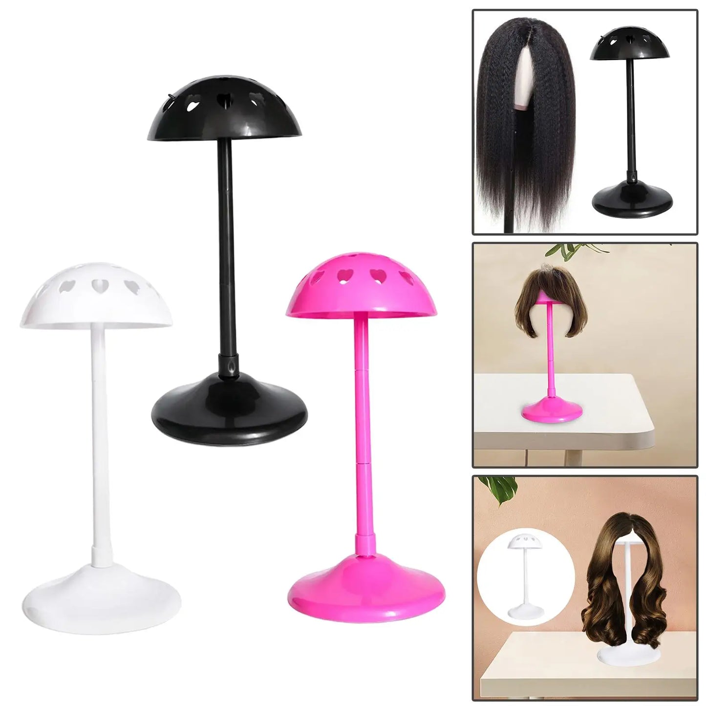 Adjustable Height Wig Display Stand in pink, black, and white, used for showcasing and drying wigs on a flat surface.