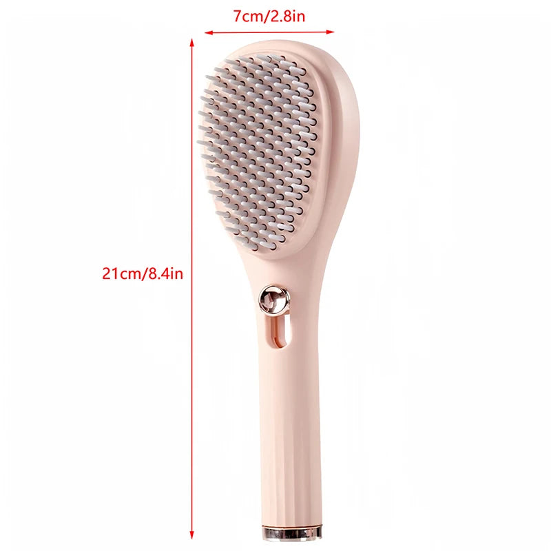 Close-up of Massage Comb Self Clean Hair Brush with dimensions 21cm x 7cm, featuring soft bristles and a self-cleaning button for easy maintenance.