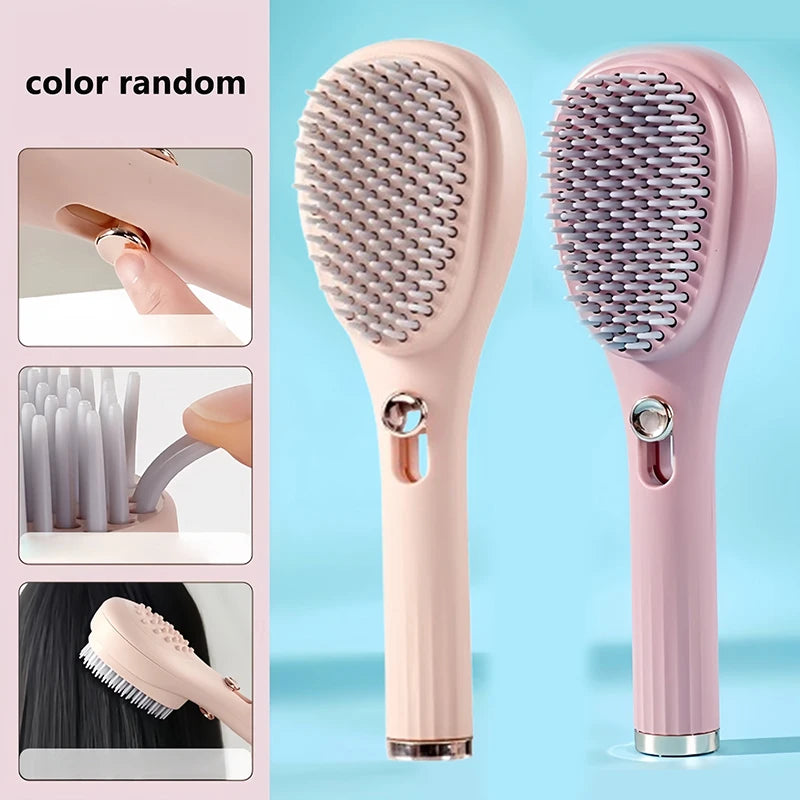 Two Massage Comb Self Clean Hair Brushes in pink shades with self-cleaning button and soft bristles, ideal for scalp massage and detangling.