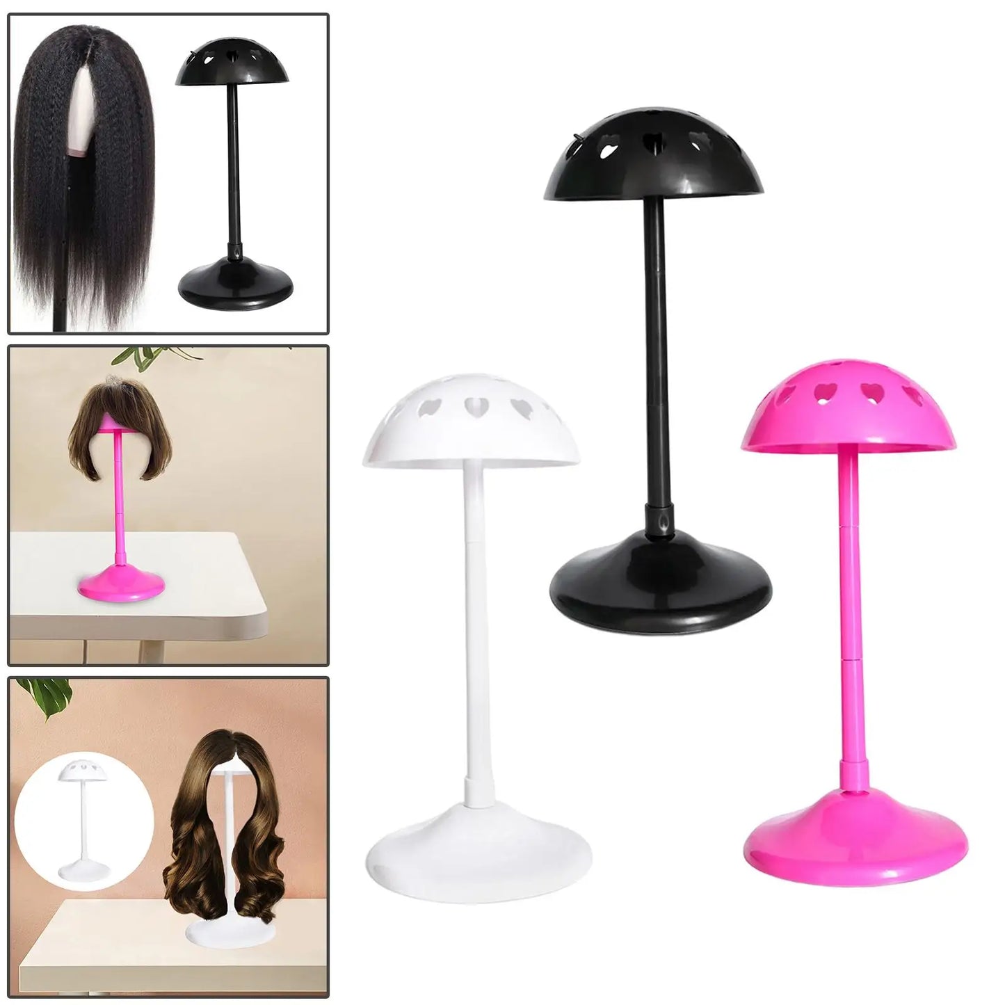 Wig Display Stand with Adjustable Height in black, white, and pink, shown supporting different wig styles for professional use.